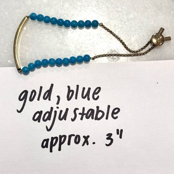 Michael Kors Gold-tone Logo Plaque Bar Adjustable Slider Beaded Bracelet Blue OS - Picture 3 of 6